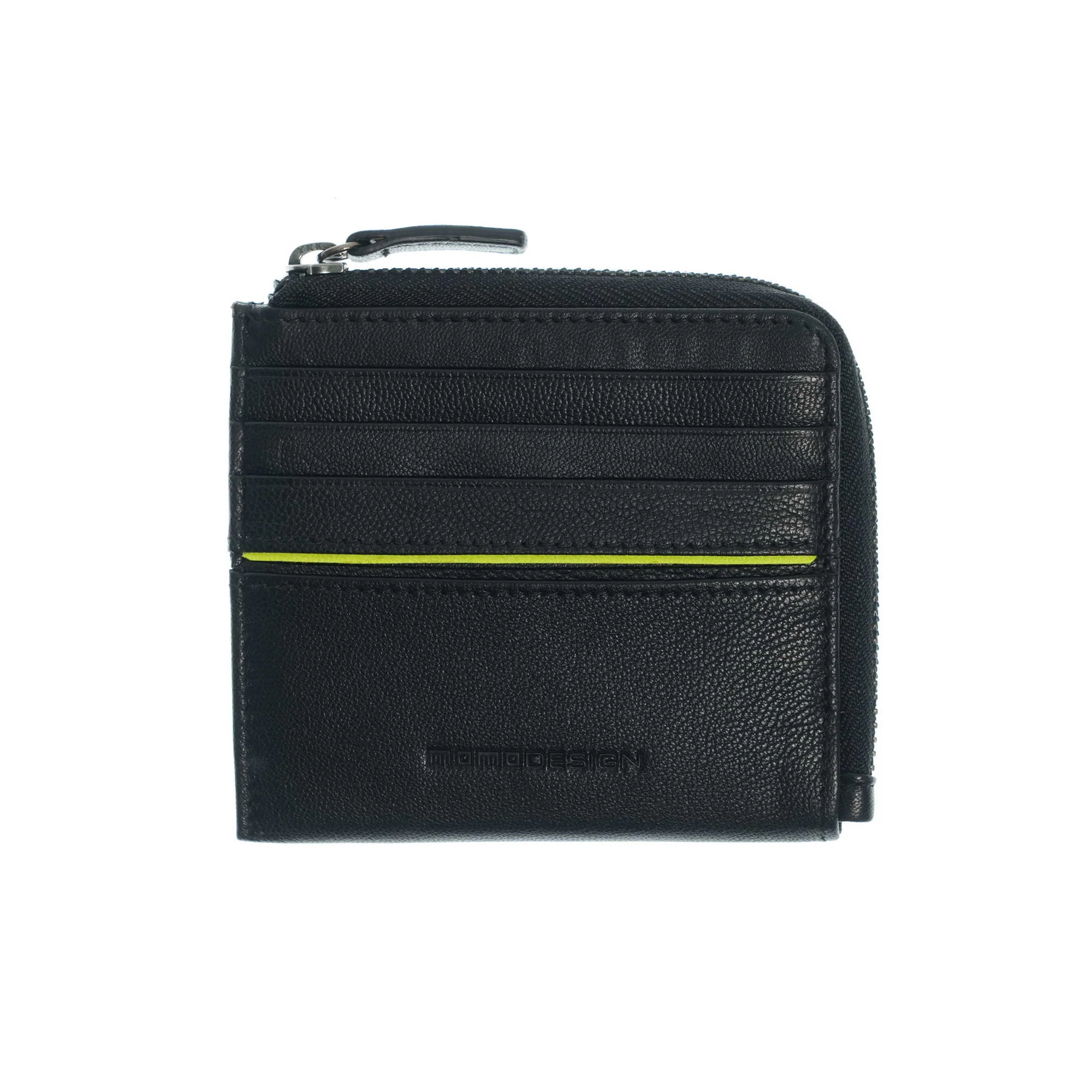 Momodesign portacarte con portamonete Subway in vera pelle nappa nera fluo
